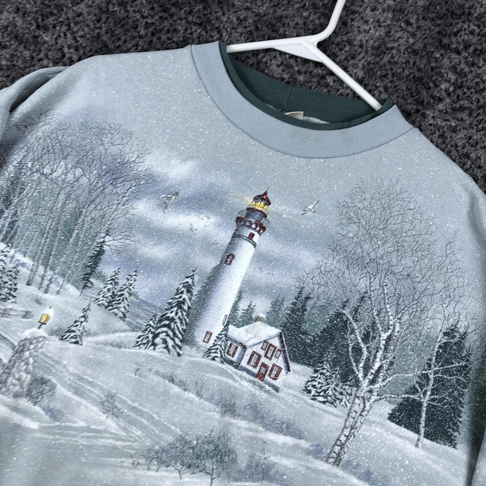 Vintage Artisans Sweatshirt Womens XL Gray‎ Lighthouse Winter Scene Pullover USA